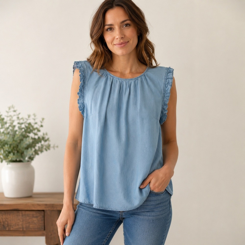 Laju Womens L Blue Tencel Chambray Ruffle Sleeveless Blouse Top